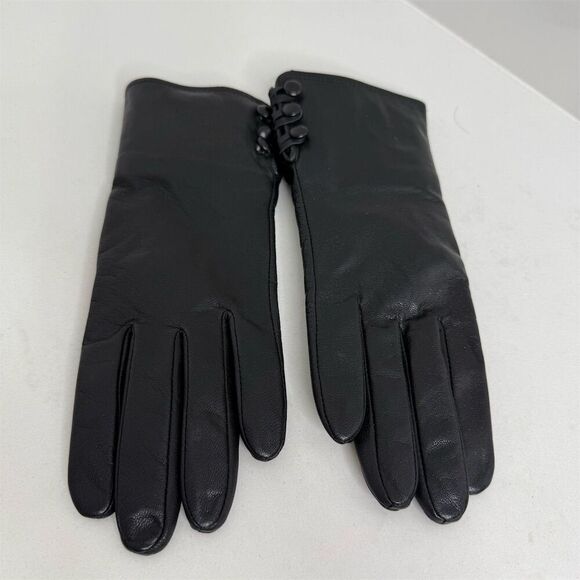Fownes Black Leather fur lined Gloves M Winter Button Accent - Picture 1 of 4